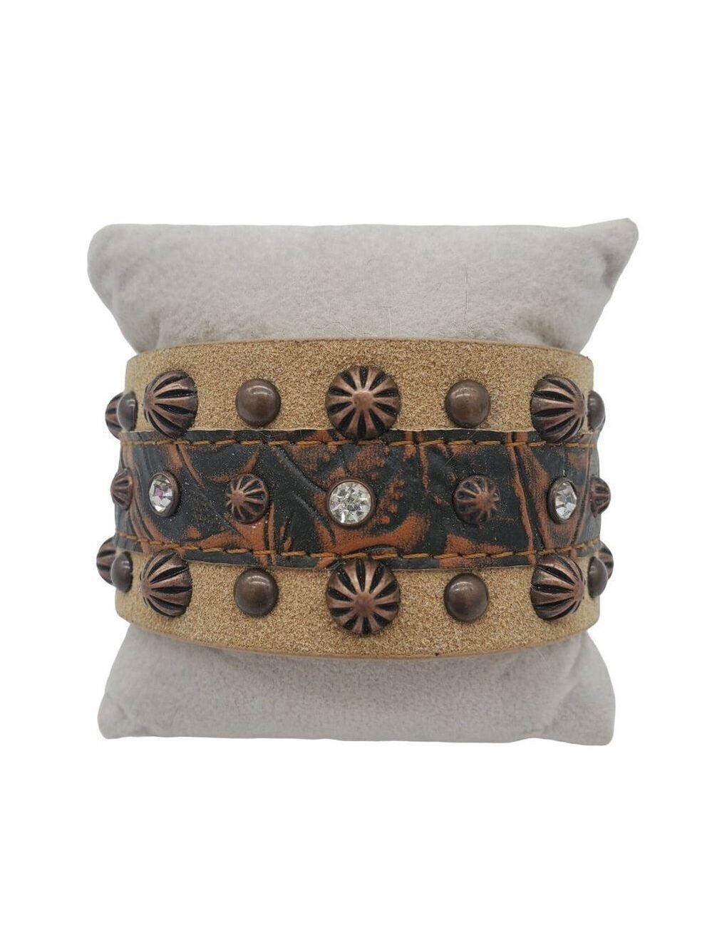 JEWELRY Brown Leather Bracelet Studs Rhinestones Size 8.5" Length